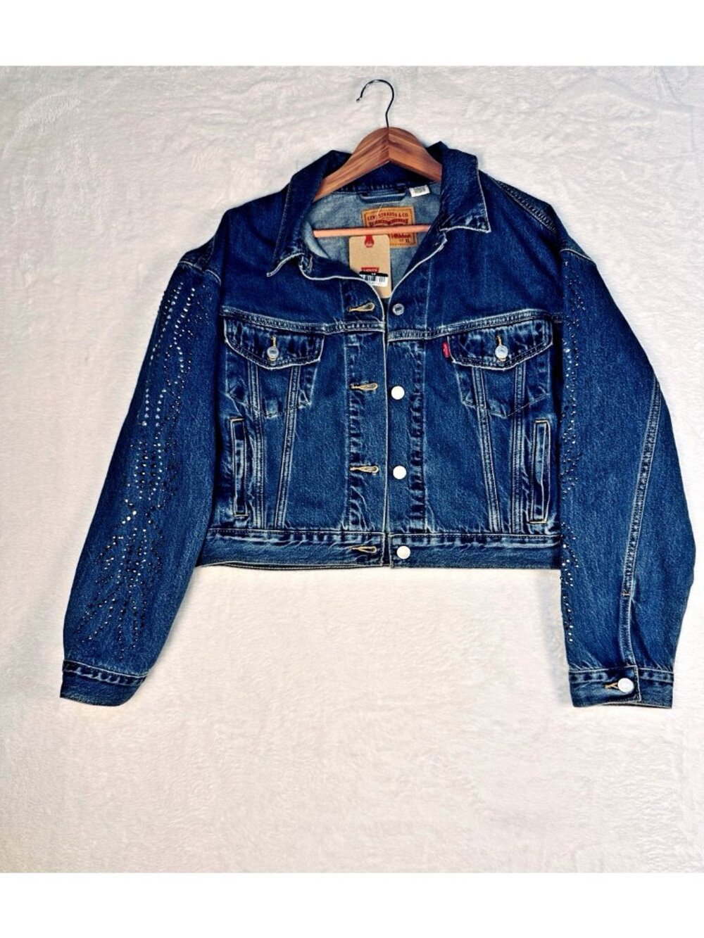 Levi's 90's Trucker Jacket Sz XL Shrunken Rhinestone Denim Jacket D.Wash Western - Picture 3 of 12